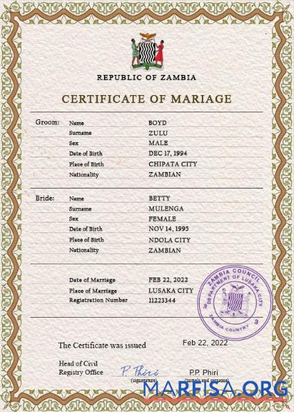 Downloadable Zambia marriage certificate PSD template